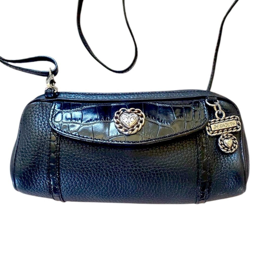 Brighton Vintage Black Croc Leather Silver Heart crossbody bag pocket red inside - Picture 3 of 15
